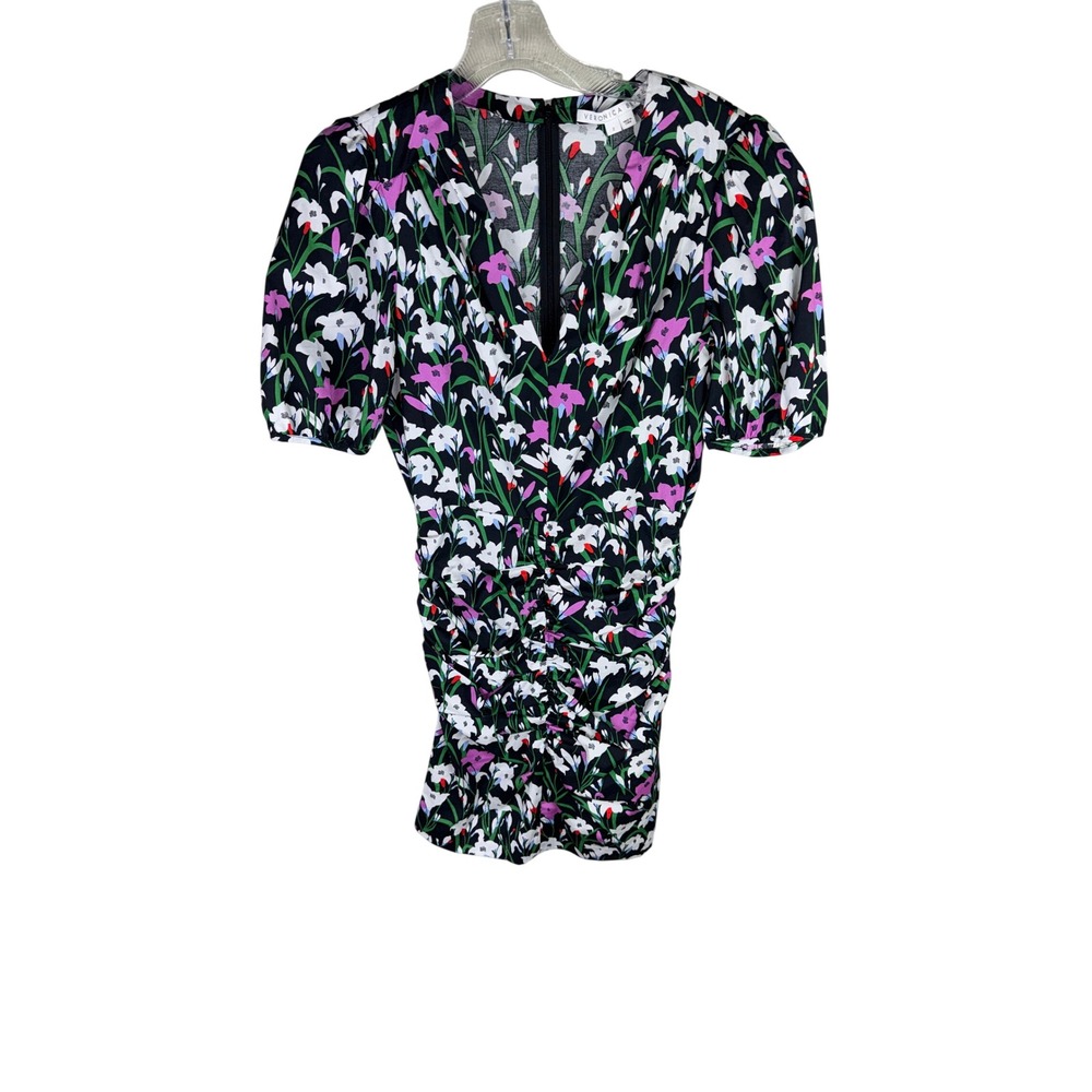 Veronica Beard Floral Ruched V-Neck Puff Sleeve Dress Black Multi Size 2